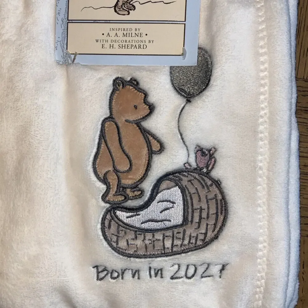 Winnie the Pooh Bear Collection Born in 2027 Embroidered Baby Blanket Cream